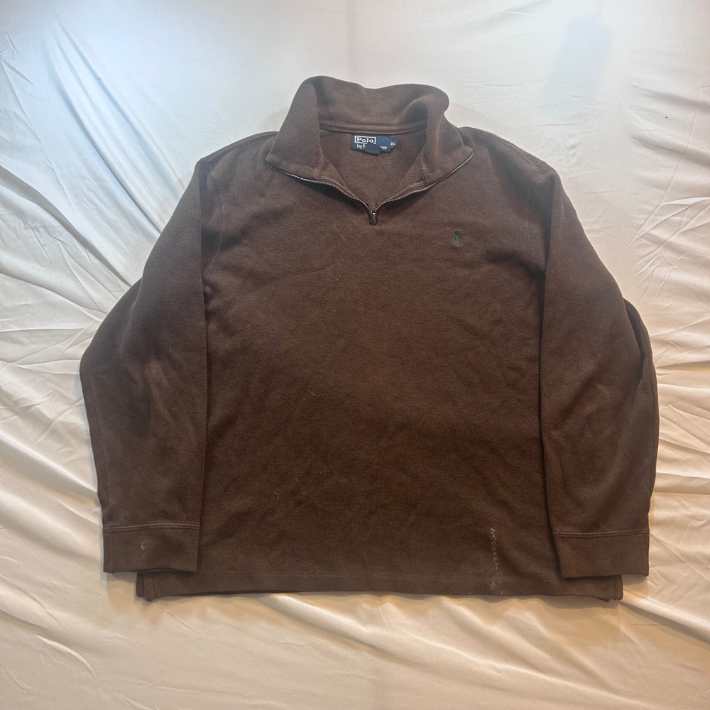Polo Ralph Lauren Mens XL Brown 1/4 Zip Cotton Knit Pullover Sweater Pony Logo